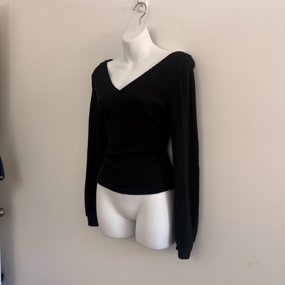 Black Ribbed Deep V Bell Sleeve Blouse | Size L - Picture 4 of 8